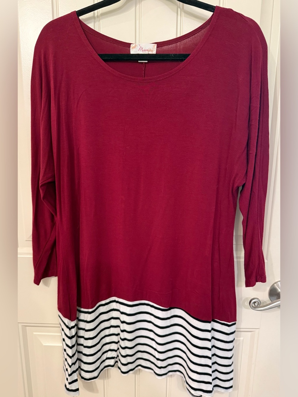 Misia Women's Burgundy Scoop Neck Tunic with Black & White Stripes